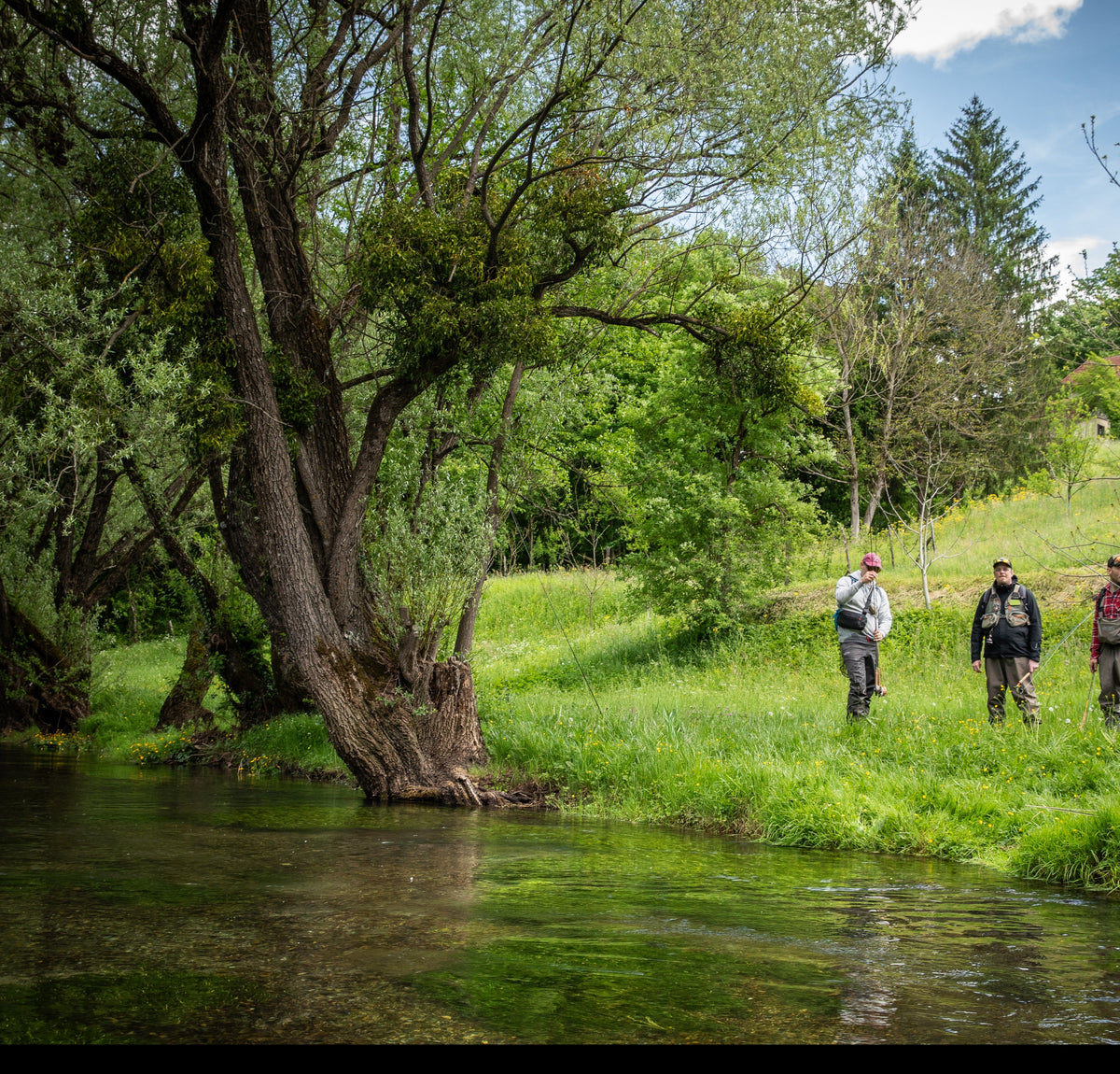 Team Baitbox flugfiskar i en älv i Bosnien under Hosted Trip med Outside Travels