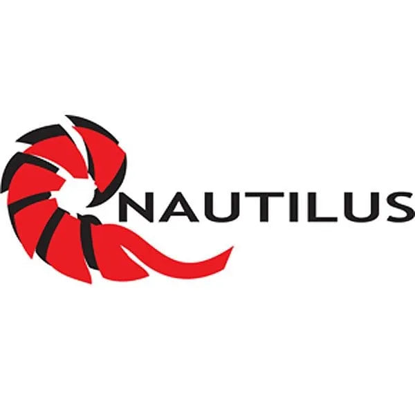 Rött och svart stiliserat nautilusskal till vänster om ordet NAUTILUS i feta svarta versaler på vit bakgrund.