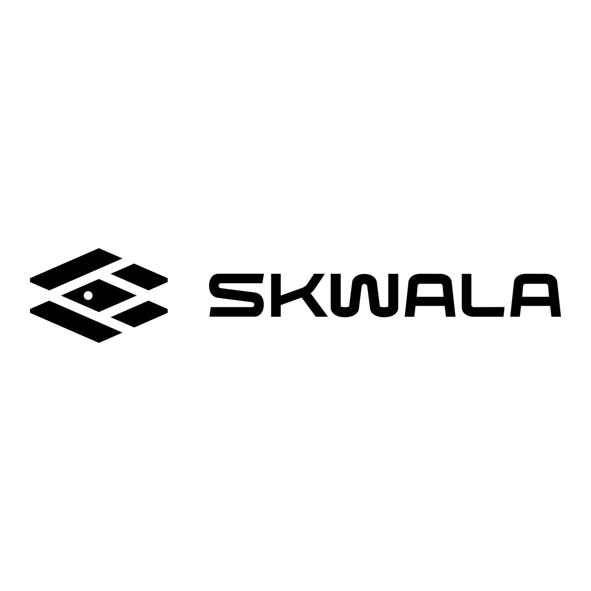 Svart geometrisk logotyp med tre staplade former och en liten cirkel till vänster. Till höger står ordet SKWALA med fetstilta, moderna versaler. Vit bakgrund.