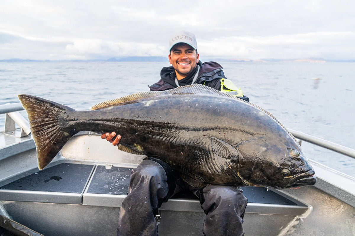 Glad sportfiskare sitter i båten med en stor hälleflundra i knät vid Camp Halibut på Sørøya