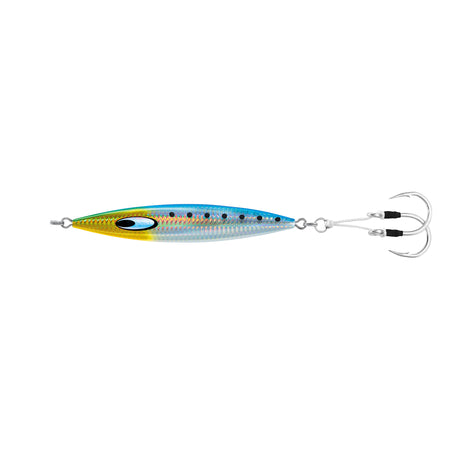 Daiwa Saltiga SK Jig 300g Sardine, blå/gul, svarta prickar, dubbla trekrokar. Perfekt för slow jigging och fiskeäventyr.