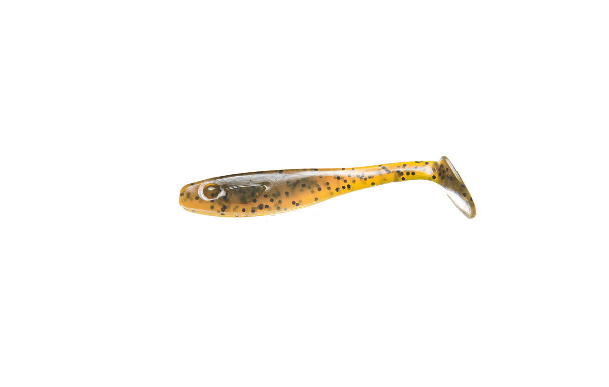 RenzStein RenzShad 7cm, mjuk jiggfiskebete, fiskformad med gul färg, svarta prickar och paddelstjärt på vit bakgrund.