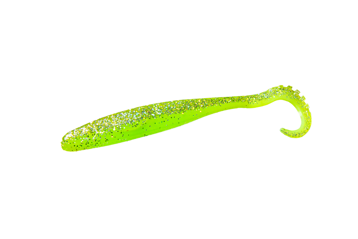 RenzStein RenzWorm 11cm, 5g 10-pack, grön-gul glitterjigg i TPE, fiskedrag för abborrefiske. Perfekt för sportfiske.