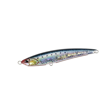 DUO Rough Trail Fumble 230F Genkai Sardine, fiskformad ytbete med glänsande kropp, svarta prickar och tre fästöglor för fiske.