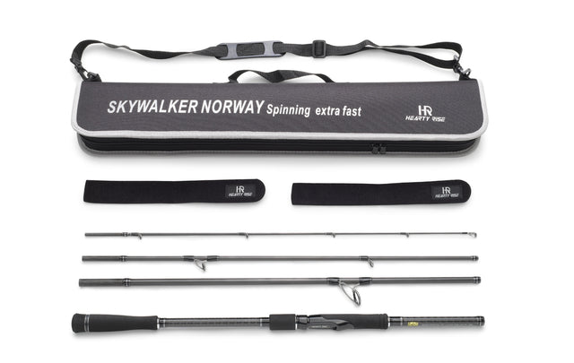 Hearty Rise Skywalker Norway Spinning 2,36 m 50–150 g – resespö med svart handtag, fodral och grå spöväska