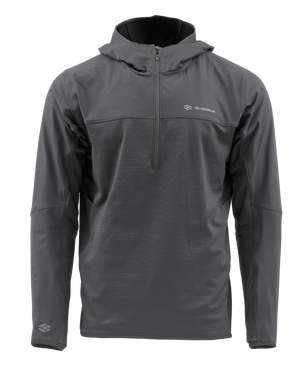 Skwala Fishing Fusion Tactical Hoody i mörkgrå fleece med huva, halv dragkedja och diskreta loggor - perfekt för fiskeäventyr.