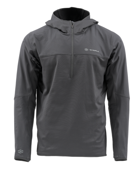 Skwala Fishing Fusion Tactical Hoody i mörkgrå fleece med huva, halv dragkedja och diskreta loggor - perfekt för fiskeäventyr.