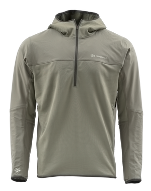 Skwala Fusion Tactical Hoody: ljusgrå fleece med dragkedja, lång ärm och diskreta logotyper. Perfekt för fiskeäventyr.